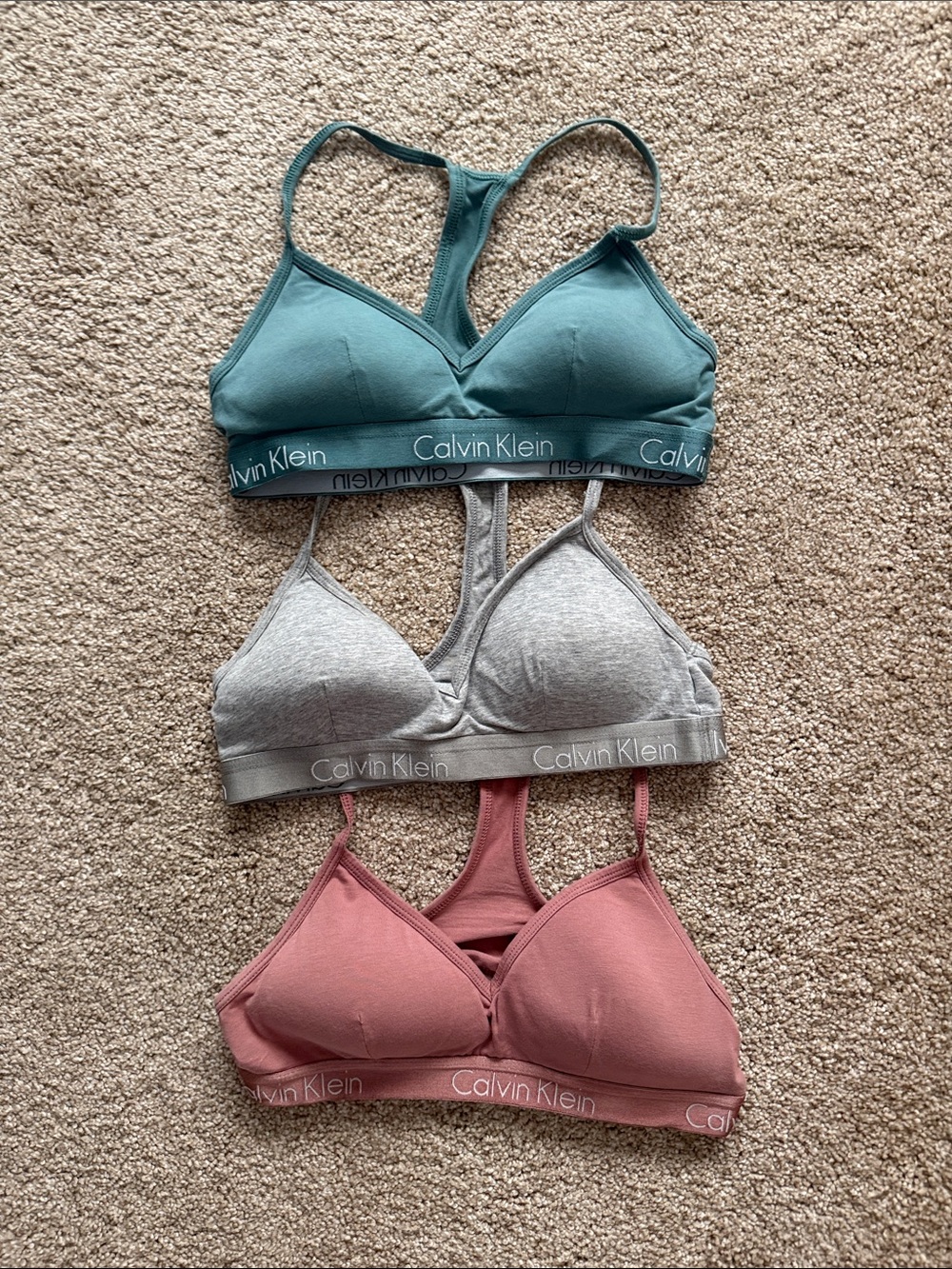 Calvin Klein Seamless Racerback Bralette Trio - Teal, Gray, Rose
